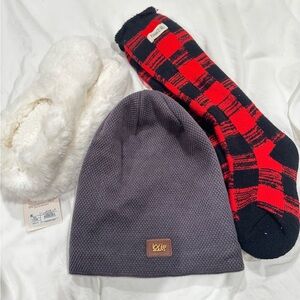 Cozy Winter Accessory Bundle – Hat, Fuzzy Slippers & Paws Plaid Socks